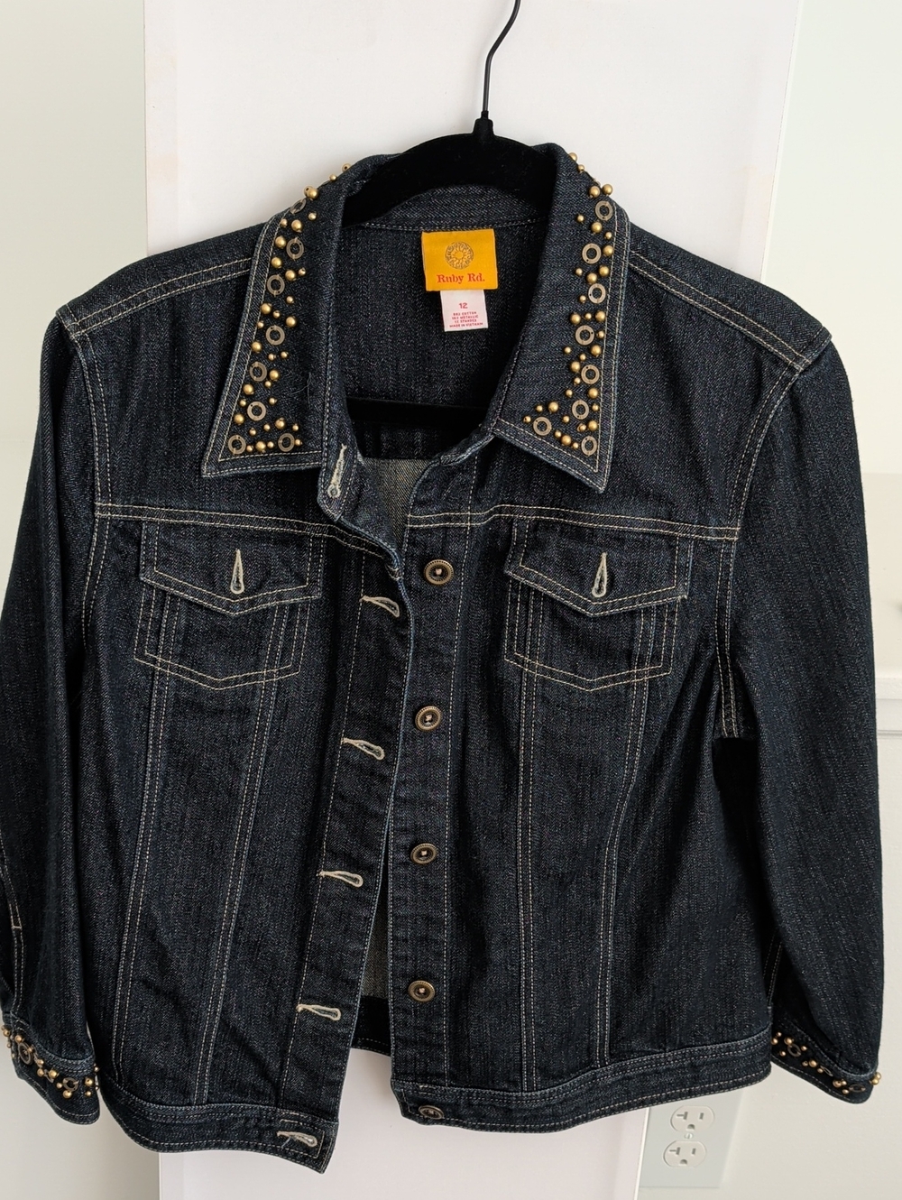Ruby Rd. Dark Wash Denim Jacket with Gold Stud Accents